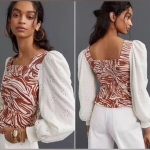 ANTHROPOLOGIE Love The Label Smocked Eyelet Puff Sleeve Blouse with Zebra Bodice